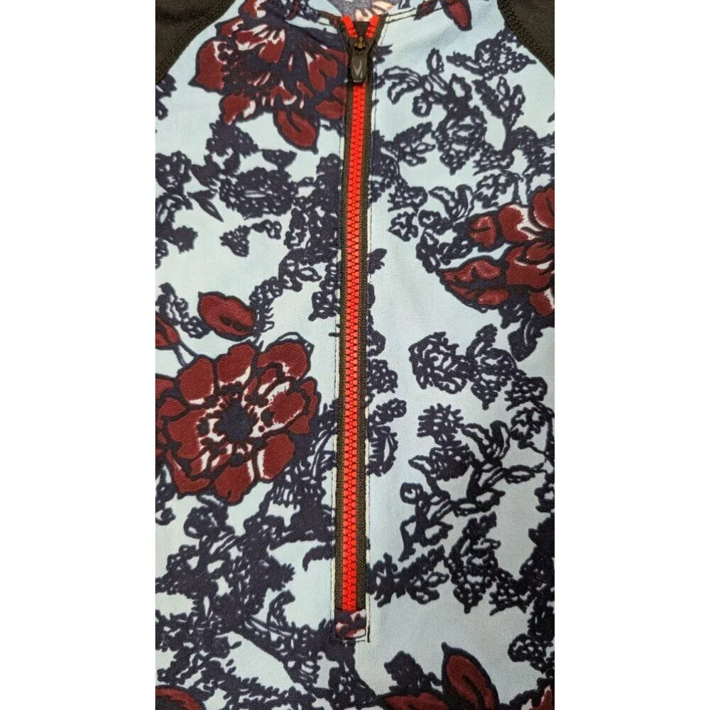 Floral Rash Guard Swim Top Colorblock Long-Sleeve Zip Black & Blue Womens M